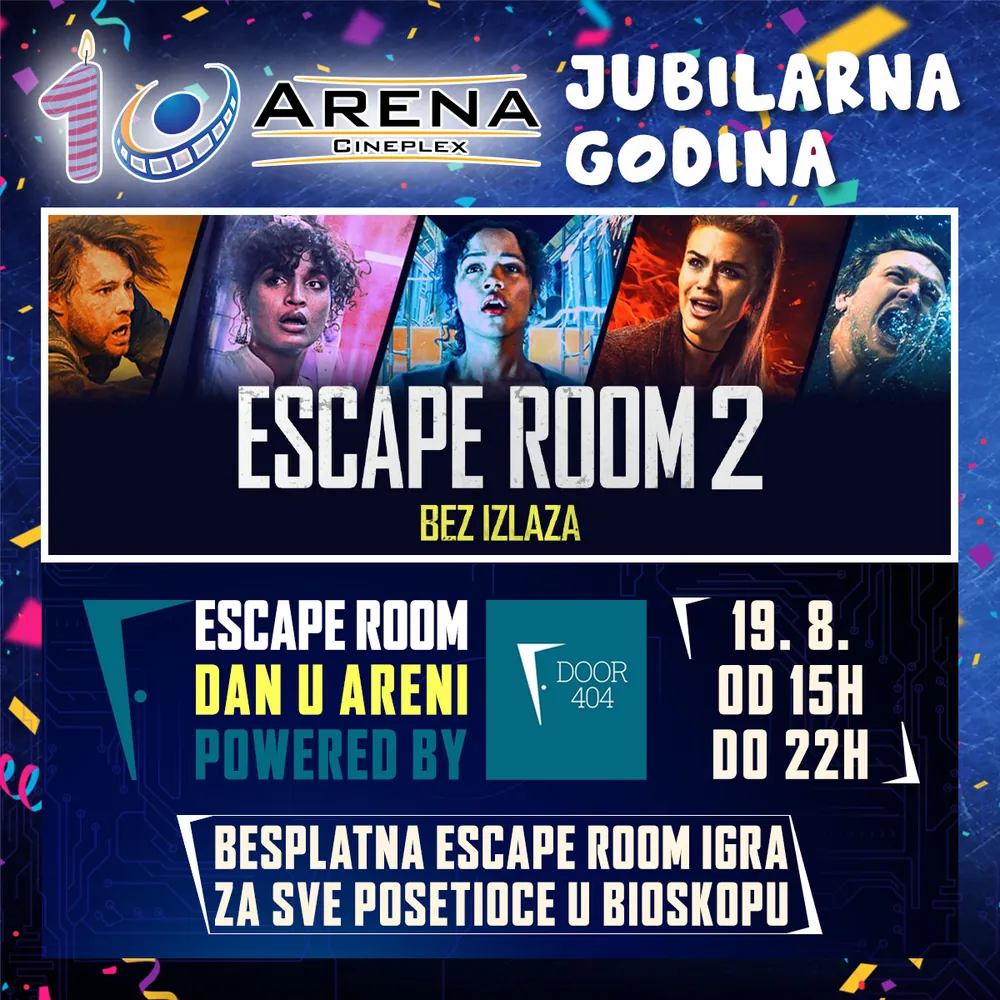 Plakat za Escape Room dan u Areni povodom desete godine Arena Cineplexa